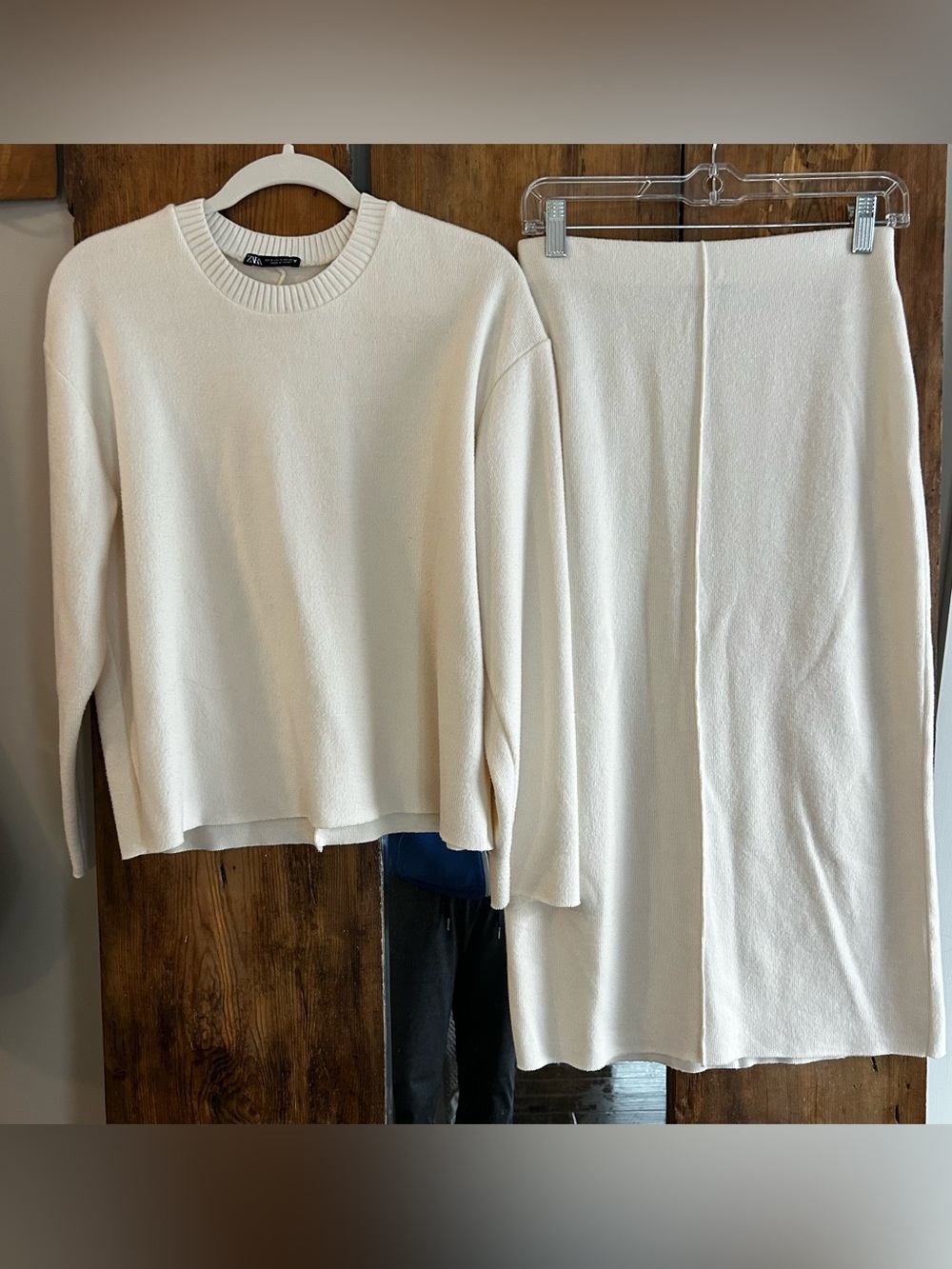 Zara Off-White Ribbed-Neck Knit Top and Skirt Set, Small